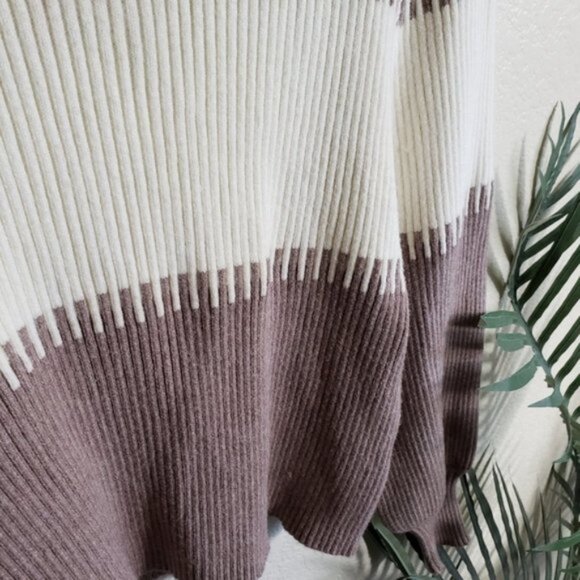 Nordstrom Mocha & Cream Mock Neck Ribbed Puff Sleeve Knit Sweater Soft size M - Picture 5 of 11